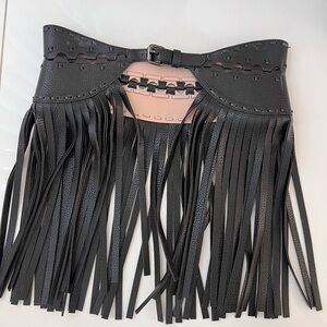 Black leather fringe belt
